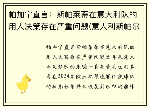 帕加宁直言：斯帕莱蒂在意大利队的用人决策存在严重问题(意大利斯帕尔)