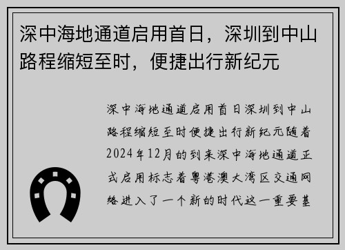 深中海地通道启用首日，深圳到中山路程缩短至时，便捷出行新纪元