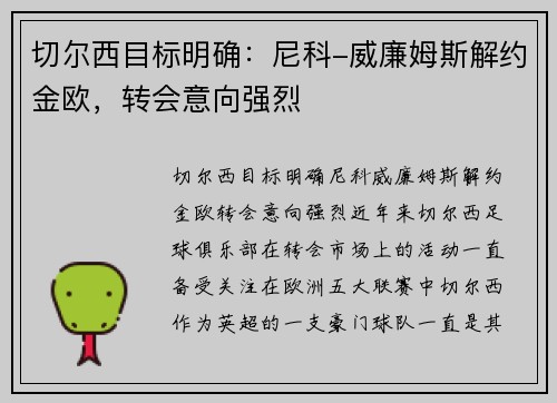 切尔西目标明确：尼科-威廉姆斯解约金欧，转会意向强烈