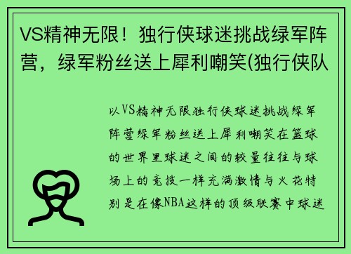 VS精神无限！独行侠球迷挑战绿军阵营，绿军粉丝送上犀利嘲笑(独行侠队的比赛)