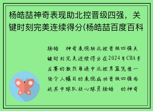 杨皓喆神奇表现助北控晋级四强，关键时刻完美连续得分(杨皓喆百度百科)