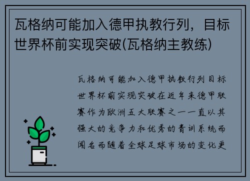 瓦格纳可能加入德甲执教行列，目标世界杯前实现突破(瓦格纳主教练)