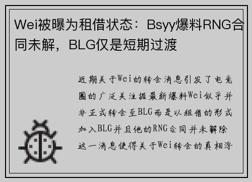 Wei被曝为租借状态：Bsyy爆料RNG合同未解，BLG仅是短期过渡
