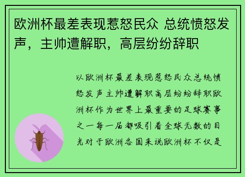欧洲杯最差表现惹怒民众 总统愤怒发声，主帅遭解职，高层纷纷辞职